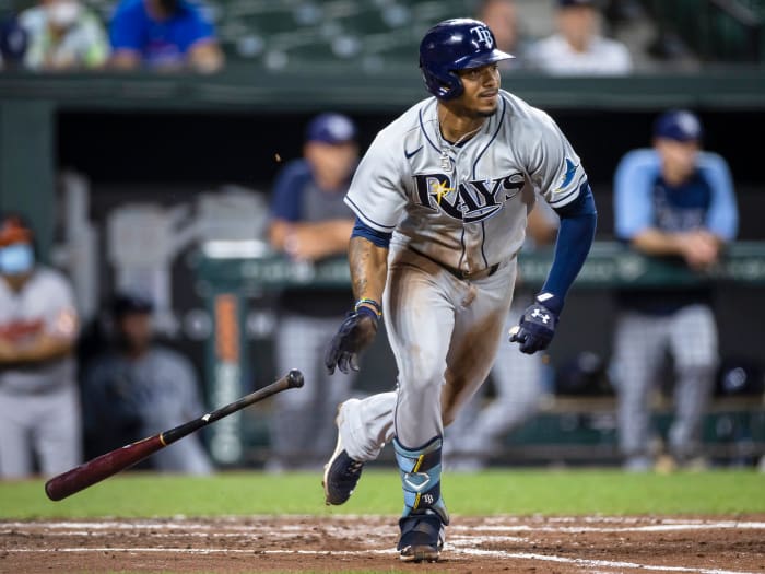 Aug 27, 2021; Baltimore, Maryland, USA; Tampa Bay Rays shortstop Wander Franco (5) at bat against the Baltimore Orioles during the third inning at Oriole Park at Camden Yards.